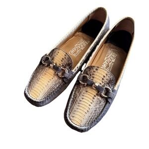 Salvatore Ferragamo Gancini Shoes 7B Gray Black Python Suede Bit Driving Loafers